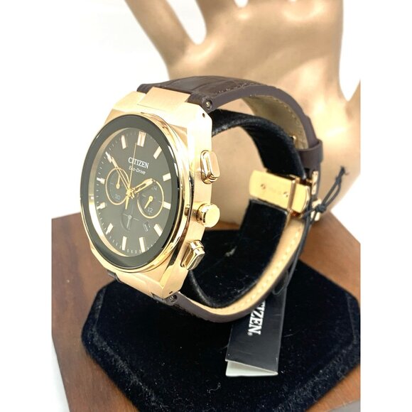Citizen Mens Watch CA4583-01E Eco Drive Chronograph Rose Gold Brown Leather Band - Picture 2 of 15